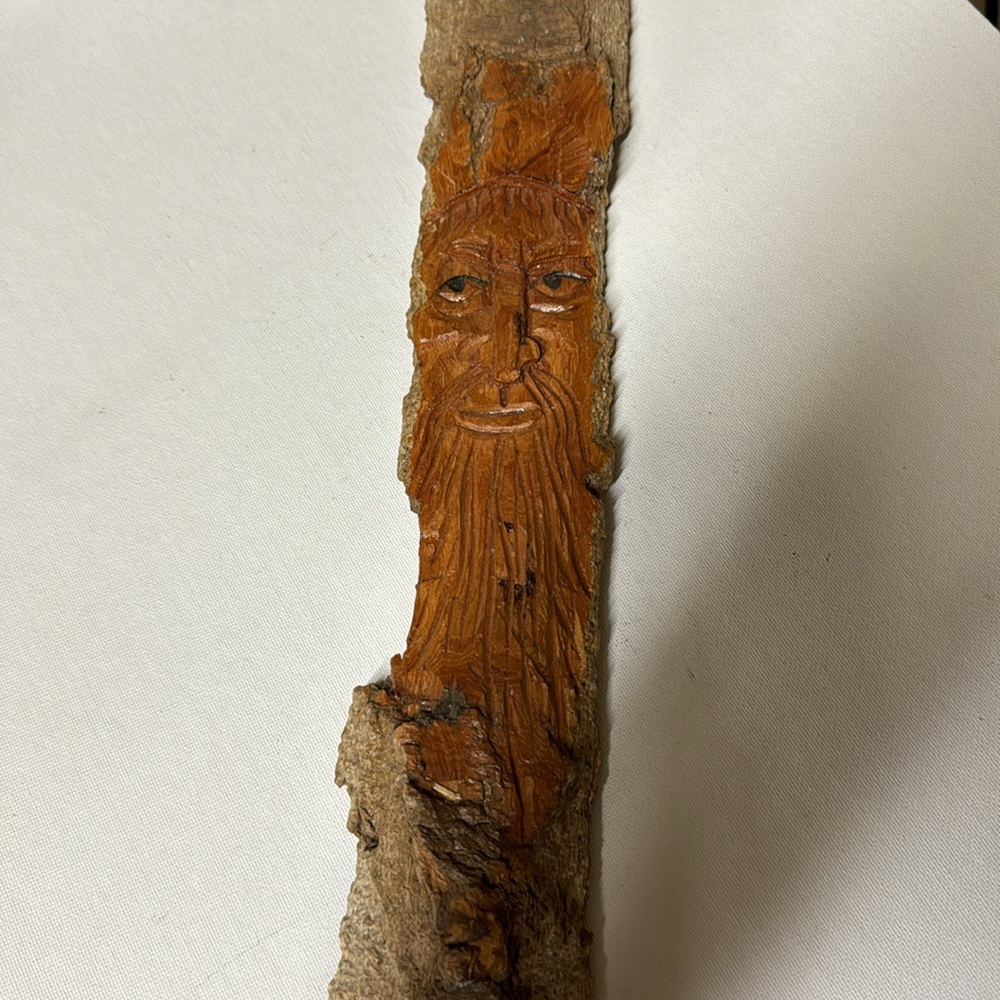 WOOD CARVING FACE / FOREST SPIRIT 19" BY 3" BEARDED MAN signed
